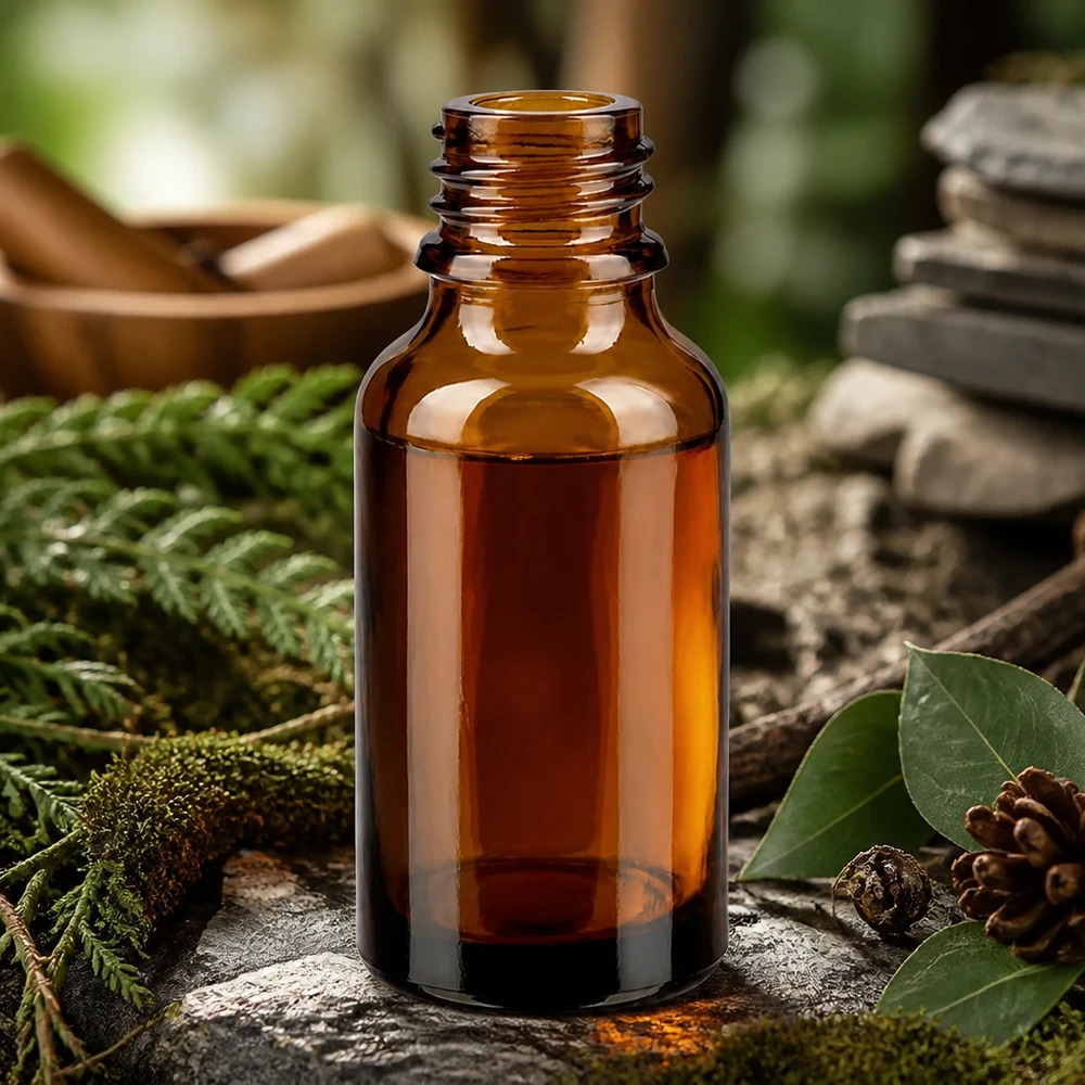 Tropfflasche 30 ml DIN 18 Braunglas NIEDRIGE FORM 30ml braune ApoGlas Flasche in natürlicher Waldumgebung mit Moos Farn und Tannenzapfen für Naturheilkunde
