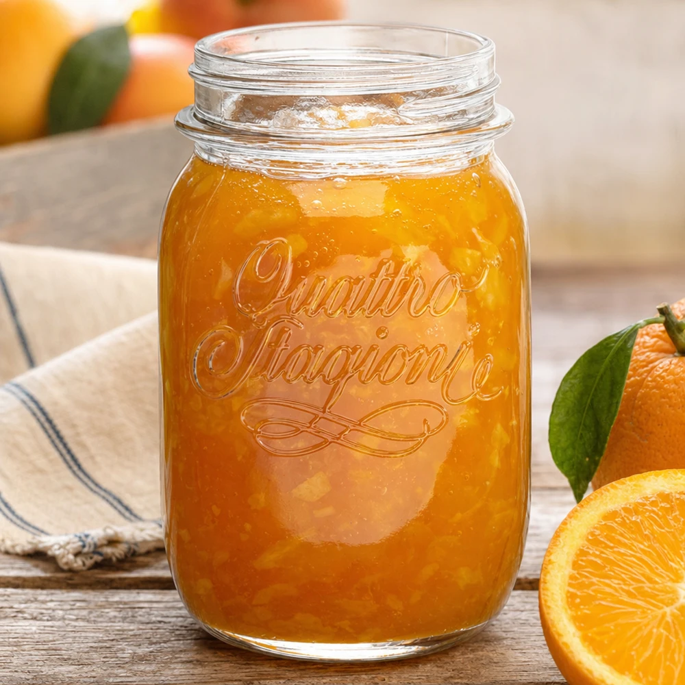 500ml Quattro Stagioni Haushaltsglas mit Orangenmarmelade gefüllt neben frischen Orangen auf Holztisch