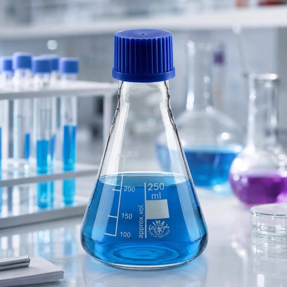 Erlenmeyerkolben 250ml Glas mit blauer Schraubkappe für professionelle Laboranwendungen bei Pacadura.de