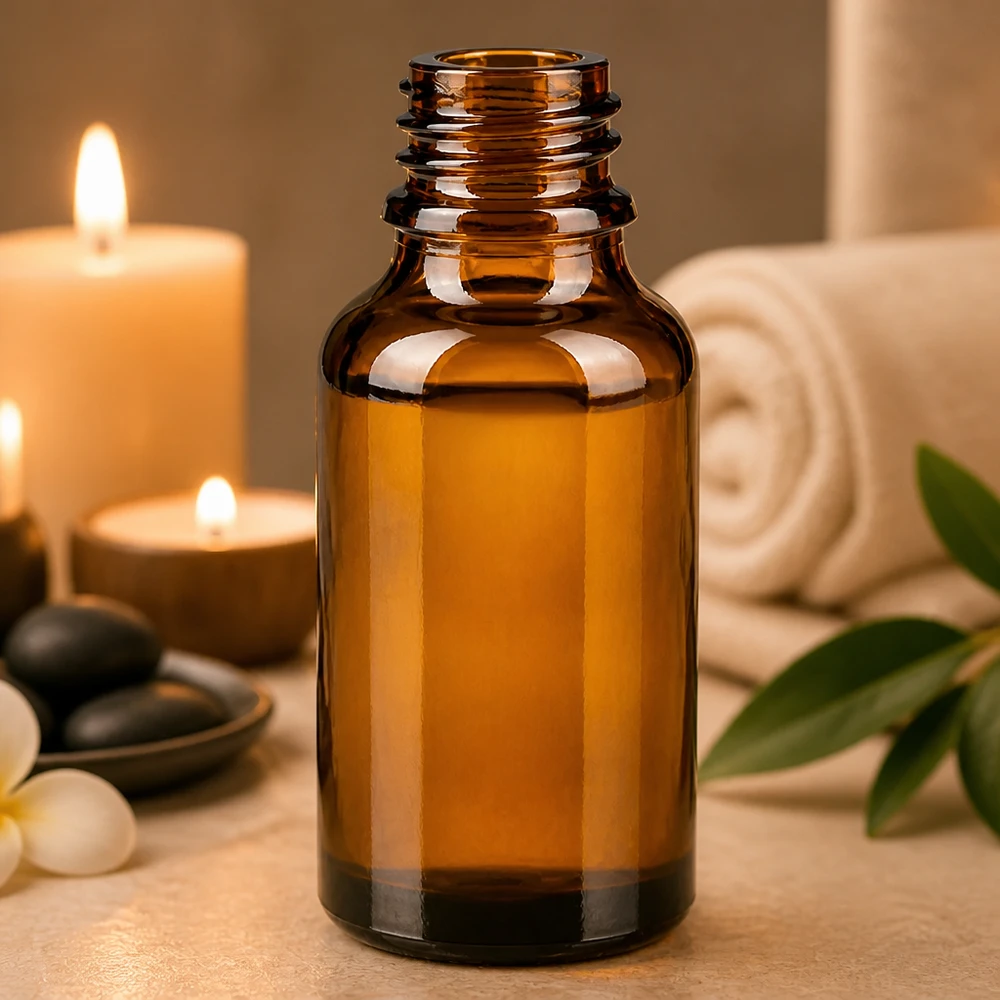 Tropfflasche 30 ml DIN 18 Braunglas NIEDRIGE FORM 30ml braune ApoGlas Flasche mit Wellness-Zubehör Spa-Steinen Handtuch und Aromatherapie-Kerzen