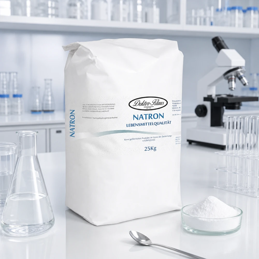 25kg Natron Pulver Natriumhydrogencarbonat Großpackung für Gewerbe im Labor mit Glaskolben und Mikroskop