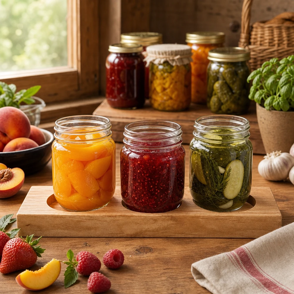 Servierbrett Plano3 für 3 WECK Sturzgläser Servierbrett Plano3 Bambus mit drei gefüllten WECK Gläsern - Marmelade, Pickles und Pfirsiche in rustikaler Küche