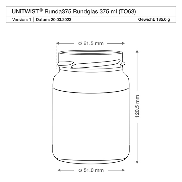 UNiTWIST Runda375 Rundglas 375ml TO63 technische Zeichnung mit Maßangaben 61,5mm Öffnung 120,5mm Höhe Gewicht 185g
