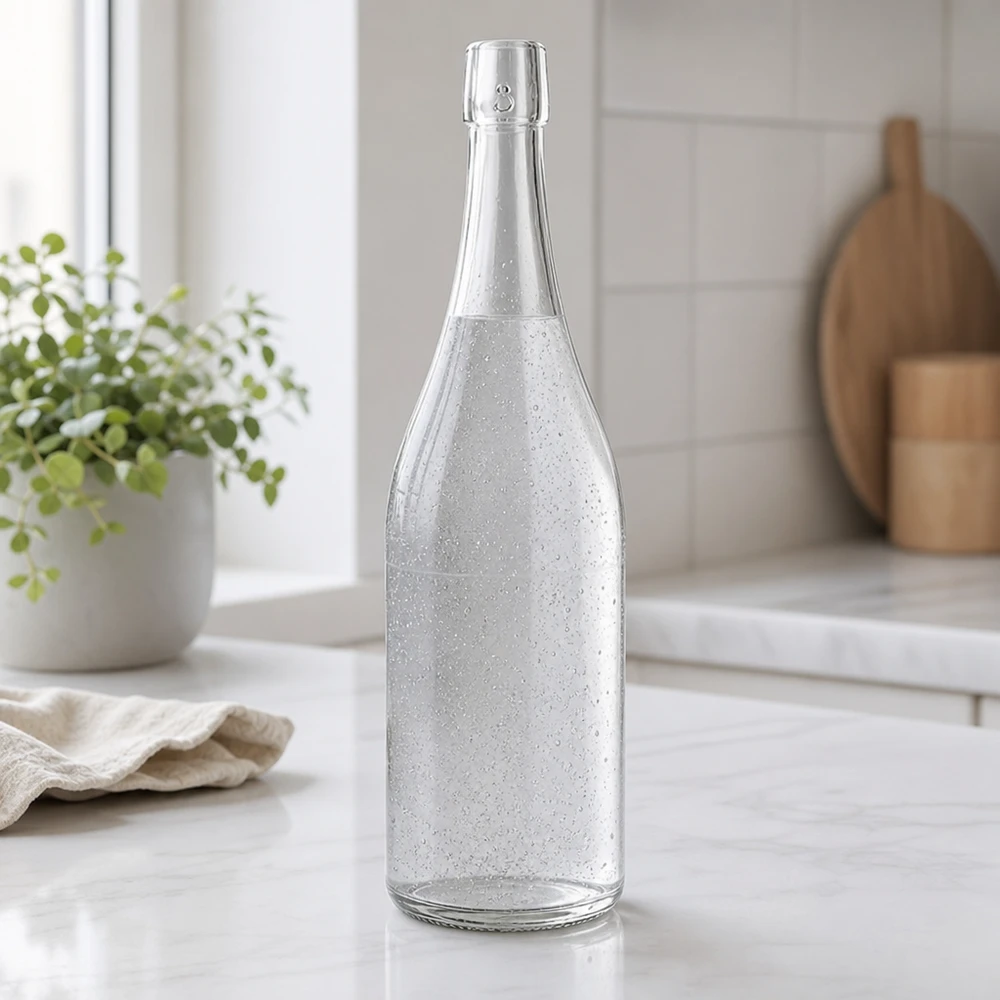 750ml Glasflasche ohne Bügelverschluss UNiTWIST® 750ml UNiTWIST Glasflasche mit Sprudelwasser befüllt moderne Küche weißer Marmor Arbeitsplatte Ambiente