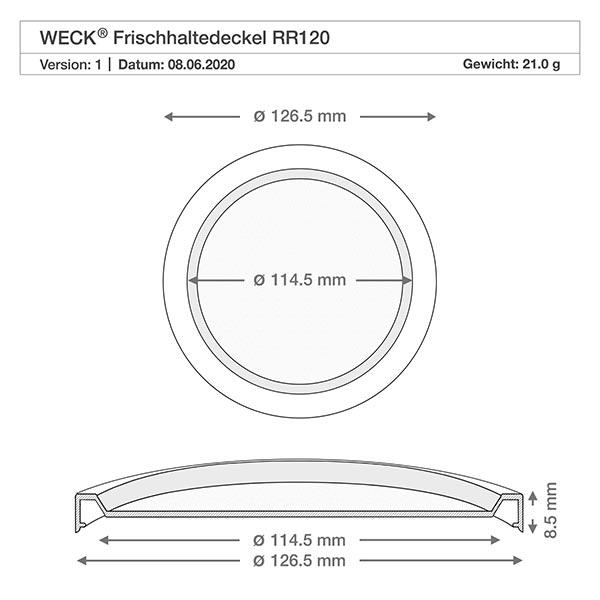 Technische Zeichnung WECK Frischhaltedeckel RR120 mit Maßangaben 126,5mm Außendurchmesser 114,5mm Innendurchmesser