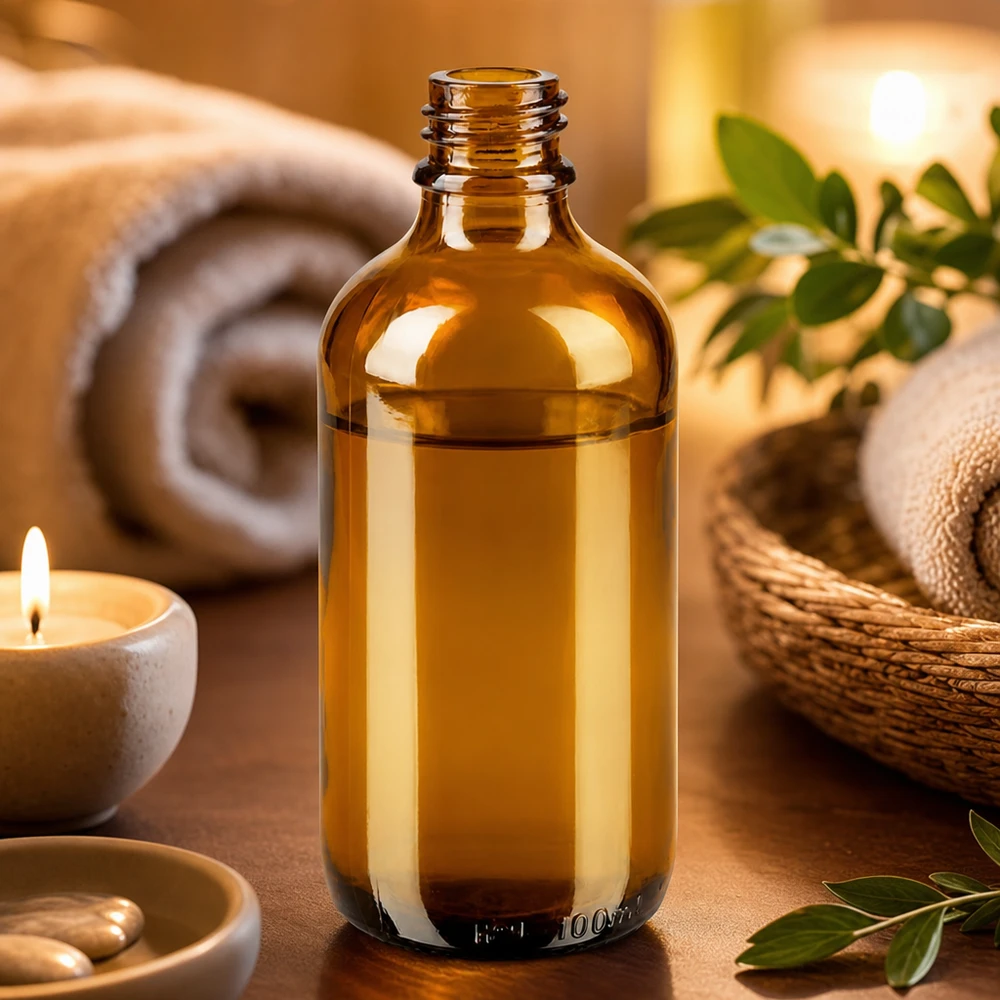 Braune 100ml ApoGlas Apothekenflasche in warmem Wellness-Ambiente mit Kerze Handtüchern und grünen Blättern