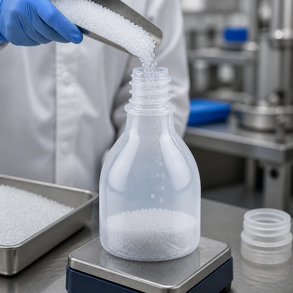 20ml Laborflasche Enghals aus Kunststoff für professionelle Laboranwendungen beim Abfüllen von Granulat