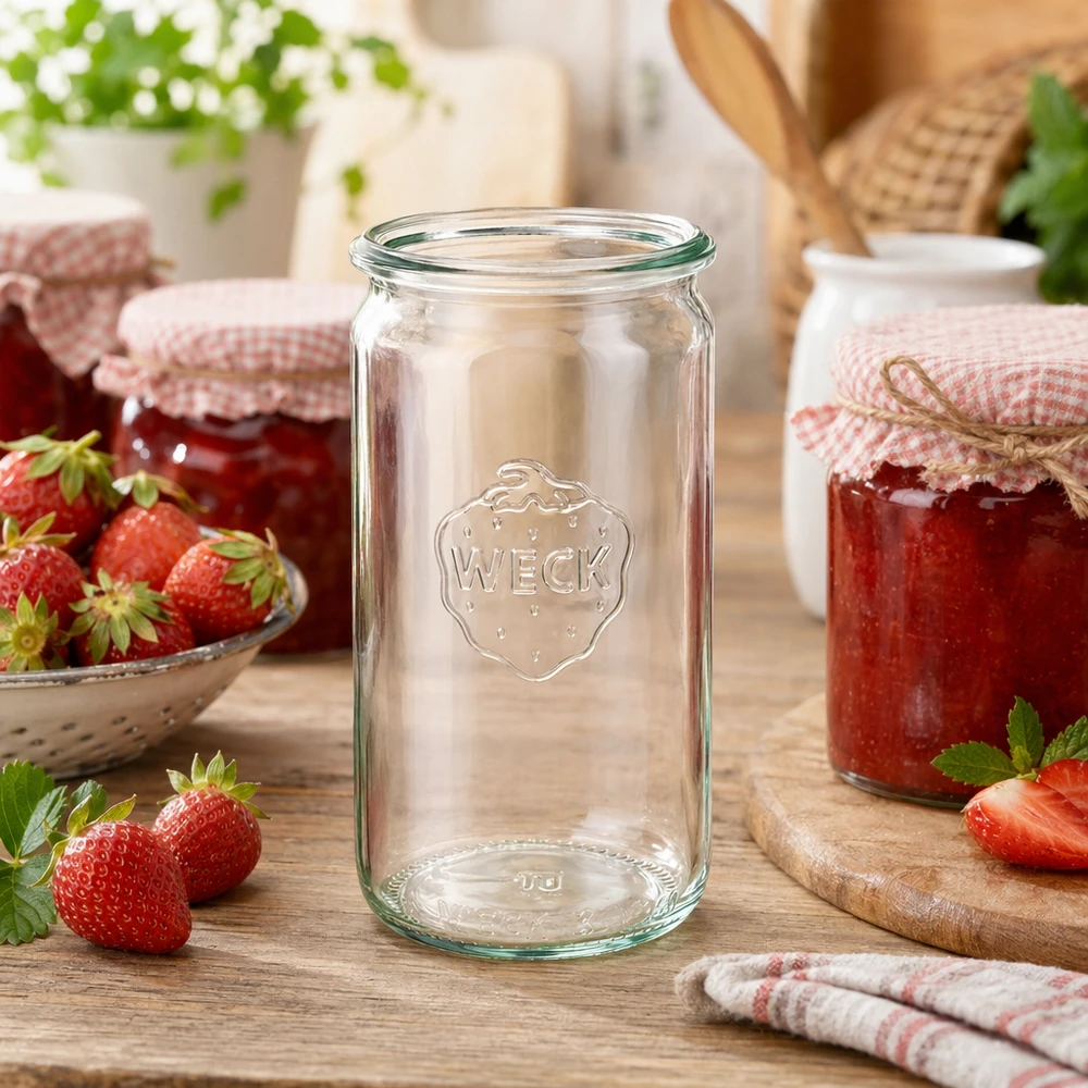 340ml Zylinderglas WECK RR60 WECK Zylinderglas 340ml RR60 in Küchenszene mit Erdbeeren und selbstgemachter Marmelade auf Holztisch
