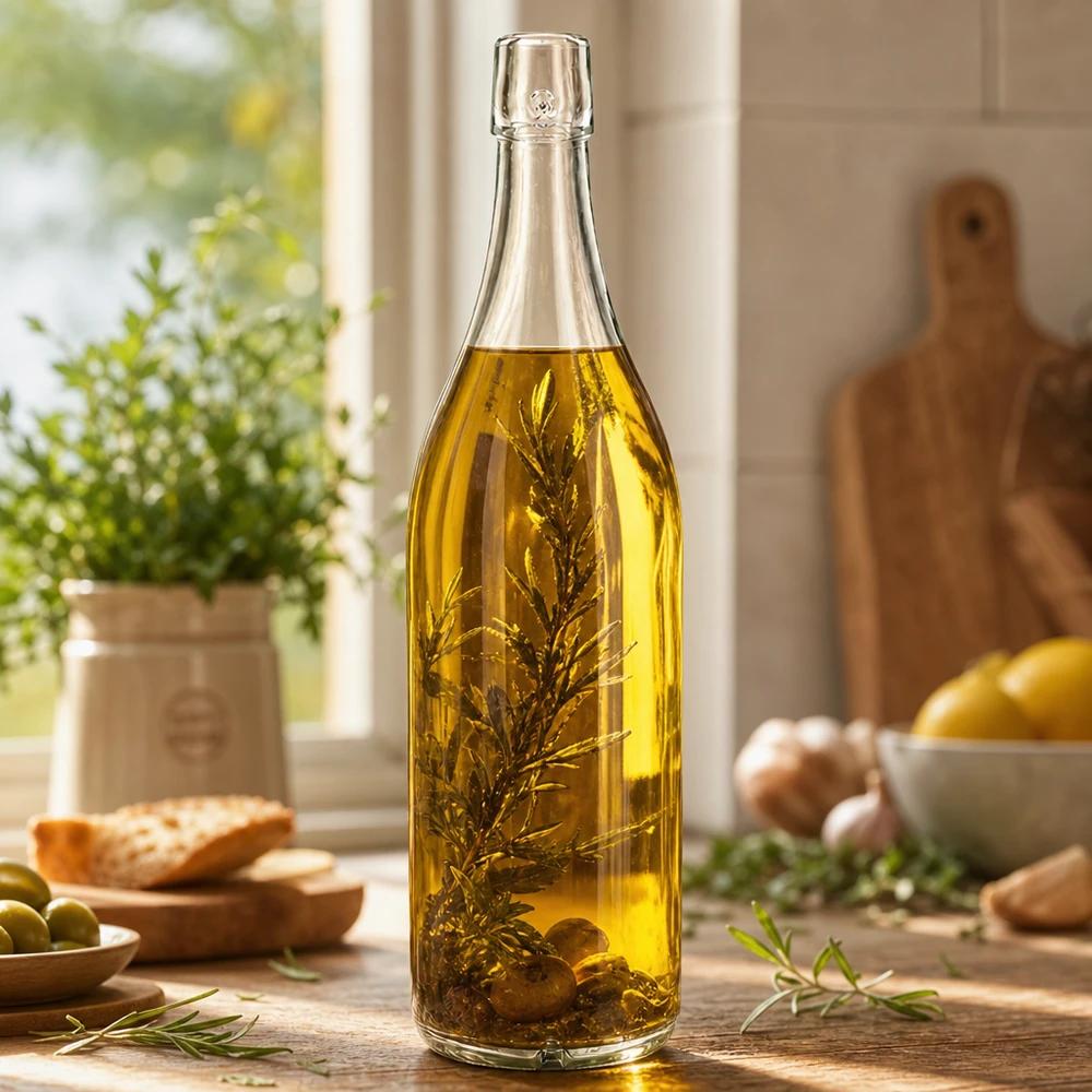 1000ml Glasflasche ohne Bügelverschluss UNiTWIST® Glasflasche 1000ml UNiTWIST mit Olivenöl Kräutern befüllt Küchenszenerie Anwendungsbeispiel Schraubverschluss