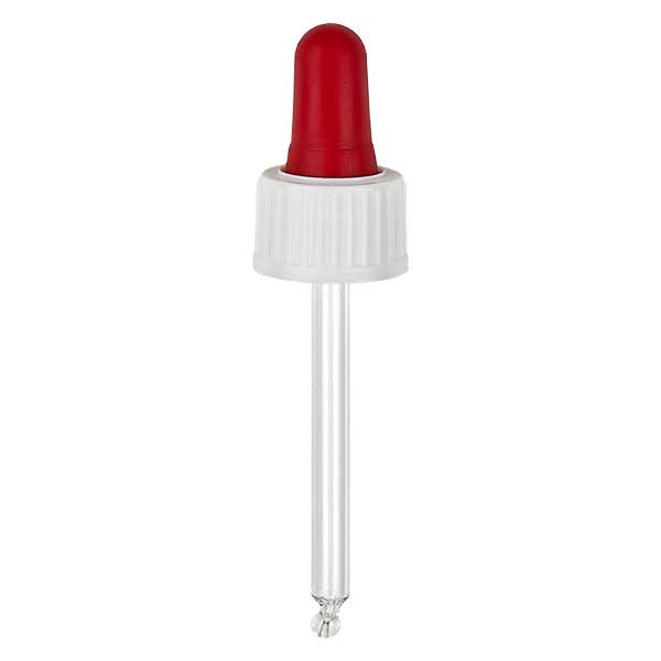 Glas-Tropfpipette weiß/rot 18mm PL53.5 Standard Glas-Tropfpipette weiß/rot 18mm PL53.5 Standard