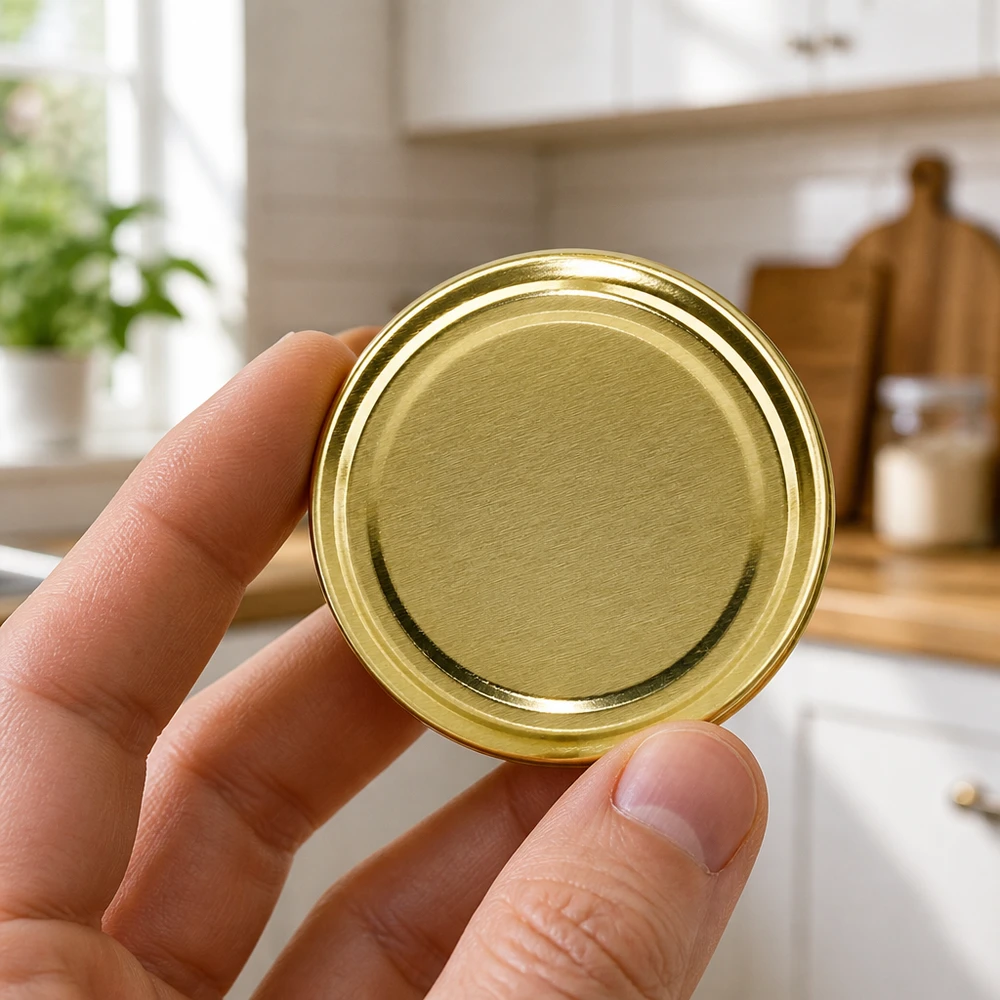 70mm BioSeal Deckel gold (TO70) UNiTWIST Hand hält goldenen TO70 Twist-Off-Deckel BioSeal BPA-NI Verschluss für Einmachgläser Profiqualität
