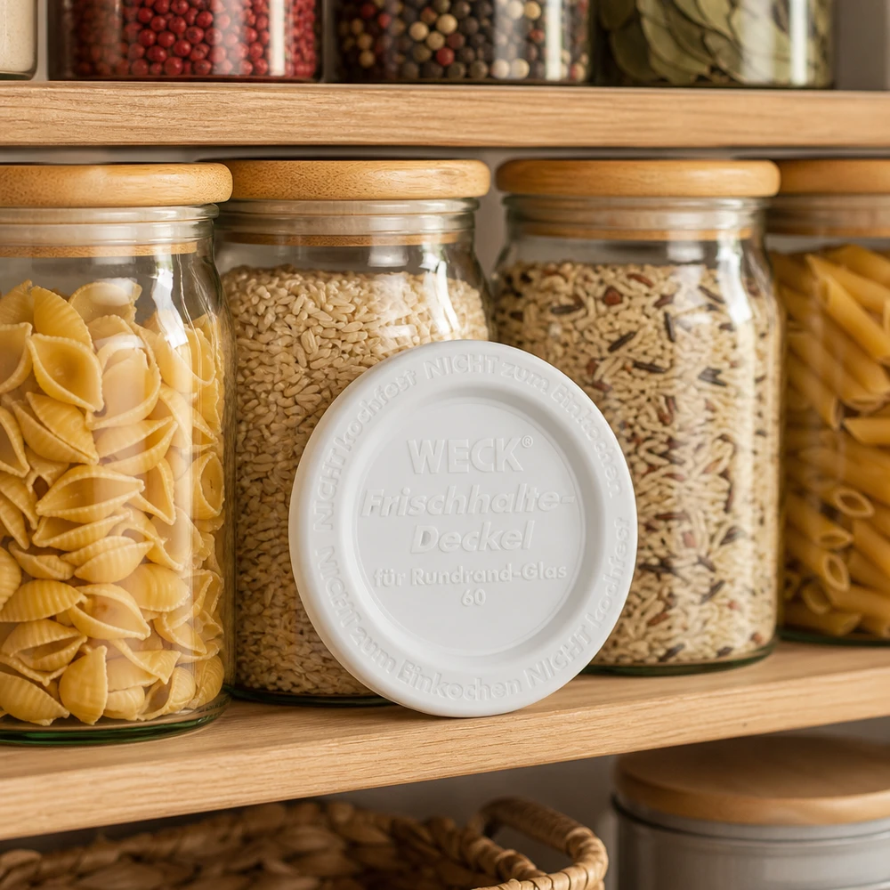 WECK Frischhaltedeckel RR60 Küchenregal Vorratsgläser Pasta Getreide organisierte Speisekammer Aufbewahrung