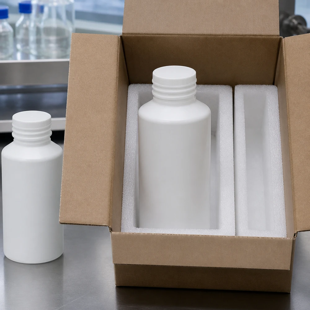 Apothekenflasche HDPE 50ml weiß ohne Verschluss für gewerblichen Einsatz in Karton mit Schaumstoff