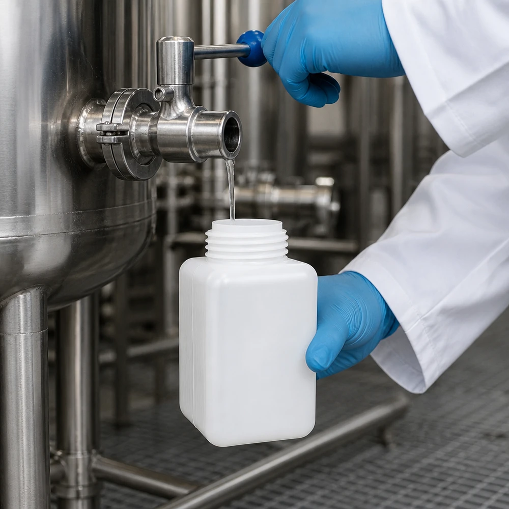 Chemikalienflasche 1000ml Weithals PE-HD naturfarben im professionellen Laboreinsatz beim Befüllen