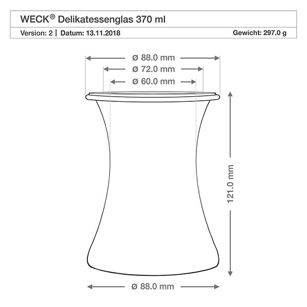 WECK Delikatessengl 370ml RR80 technische Zeichnung Maße Abmessungen Durchmesser Höhe Produktspezifikation