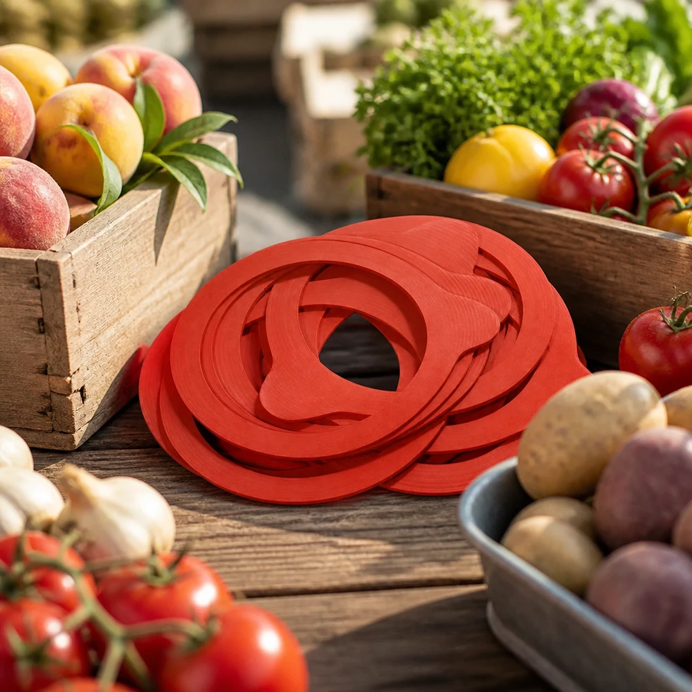 Einkochring RR80 Naturgummi rot für Profis zwischen frischem Obst Gemüse Tomaten Kartoffeln Marktstand Großküche