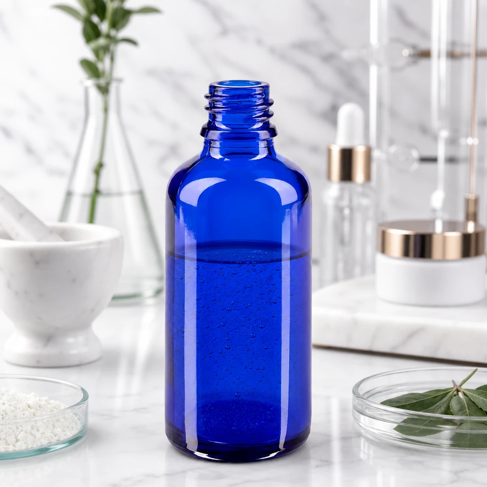 Tropfflasche 50ml DIN 18 BLAUGLAS 50ml blaue Apothekerflasche aus Glas für professionelle Anwendung in Pharmazie und Kosmetik