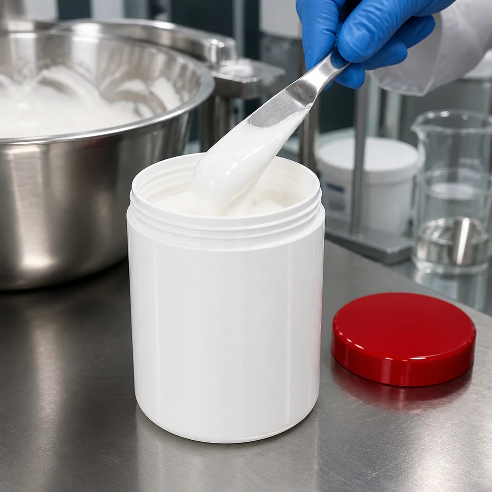 Salbenkruke 20g weiß PP-Kunststoff mit rotem Schraubdeckel für professionelle Abfüllung pharmazeutischer Cremes