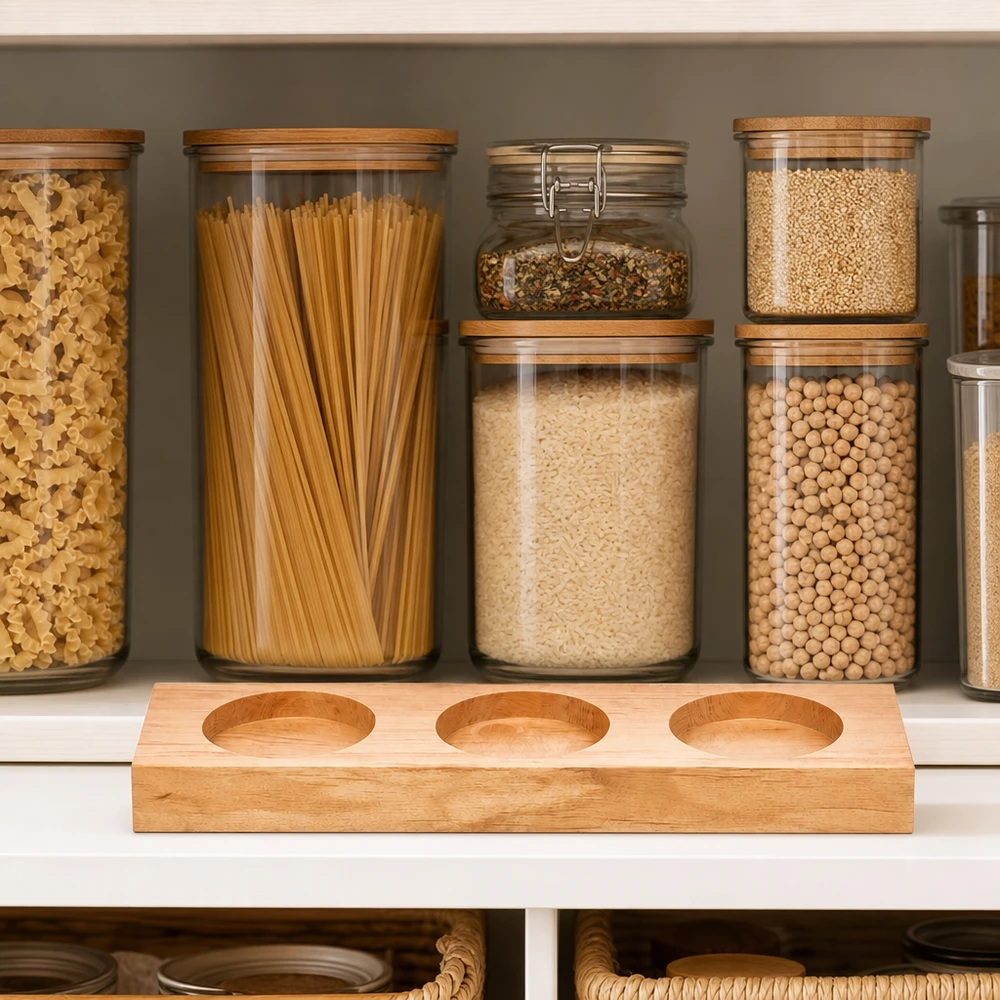 Servierbrett Plano3 für 3 WECK Sturzgläser Servierbrett Plano3 für WECK Gläser in organisierter Vorratsküche mit Pasta und Hülsenfrüchten in Vorratsgläsern