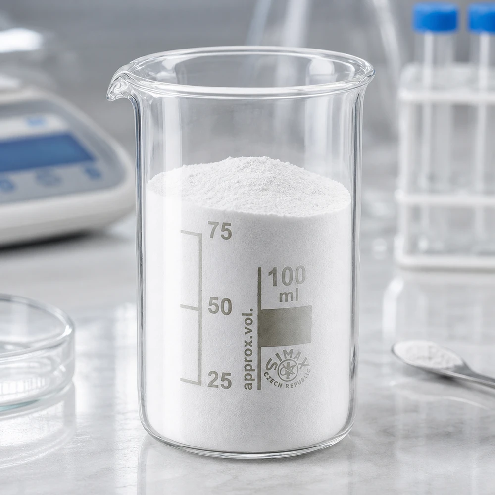 Becherglas 100ml hohe Form Borosilikatglas mit weißem Pulver im Labor Profi-Laborglas Pacadura