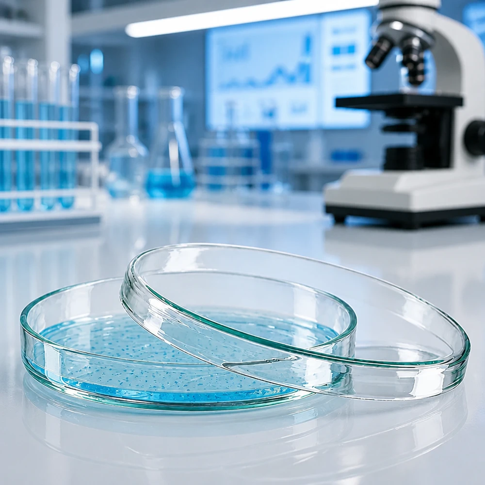 Petrischale 100x15mm Glas Glas-Petrischale 100x15mm für professionellen Laboreinsatz mit blauem Nährmedium auf weißer Laborfläche