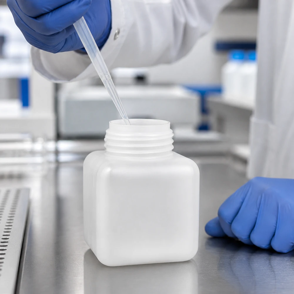 Chemikalienflasche 500ml Weithals PE-HD naturfarben im Laboreinsatz mit Pipette befüllt
