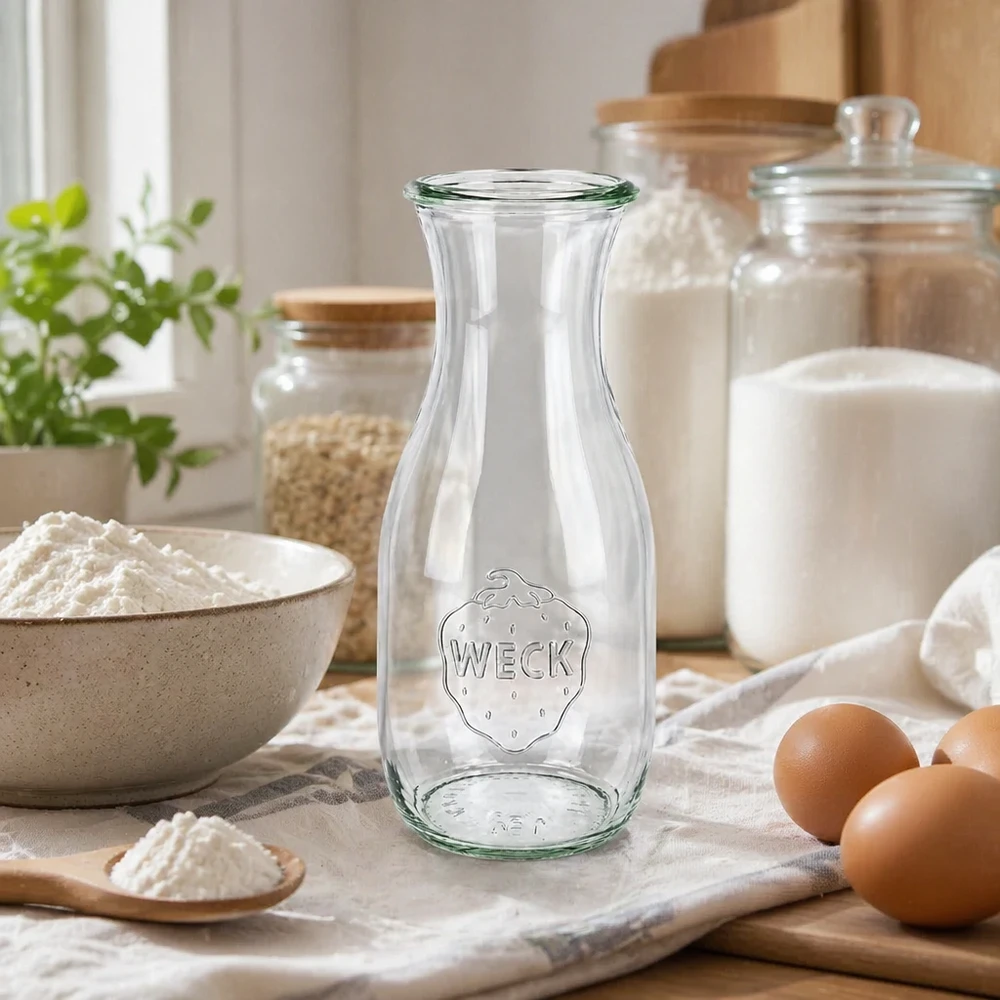WECK Glasflasche 530ml RR60 in professioneller Küche mit Backzutaten Mehl Eiern und Einmachgläsern für Gastronomiebetrie