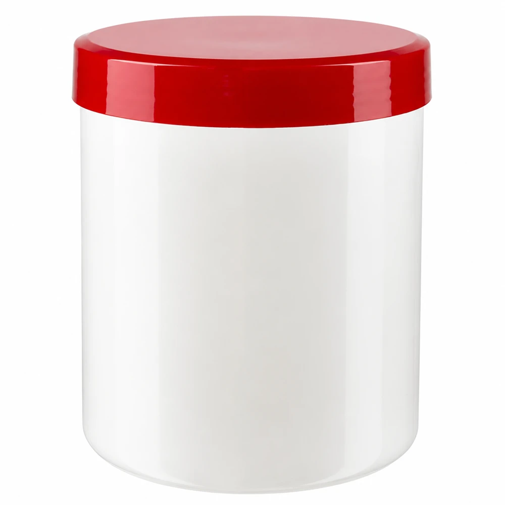 Salbenkruke 75g weiß mit rotem Schraubdeckel (Polypropylen) Salbenkruke 75g weiß PP-Kunststoff mit rotem Schraubdeckel für pharmazeutische und kosmetische Abfüllung