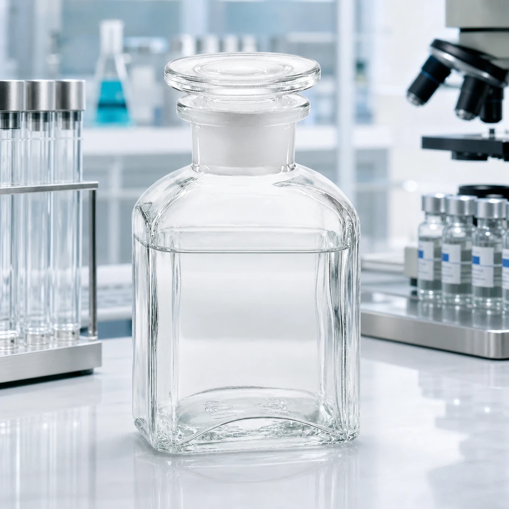 Vierkantflasche 150ml Klarglas Weithals mit Glasstopfen für Labor und Gewerbe