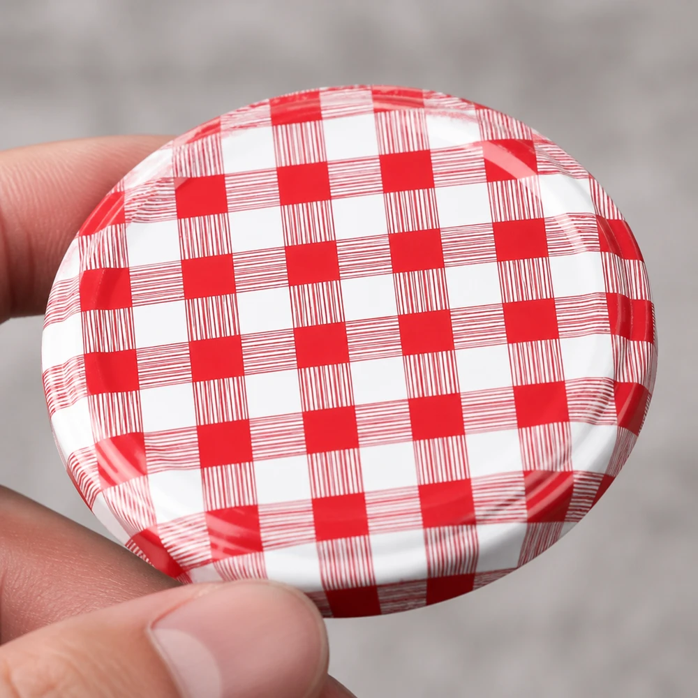 82mm TO82 BasicSeal Twist-Off-Deckel kariert rot-weiß aus Weißblech für gewerbliche Abfüllung