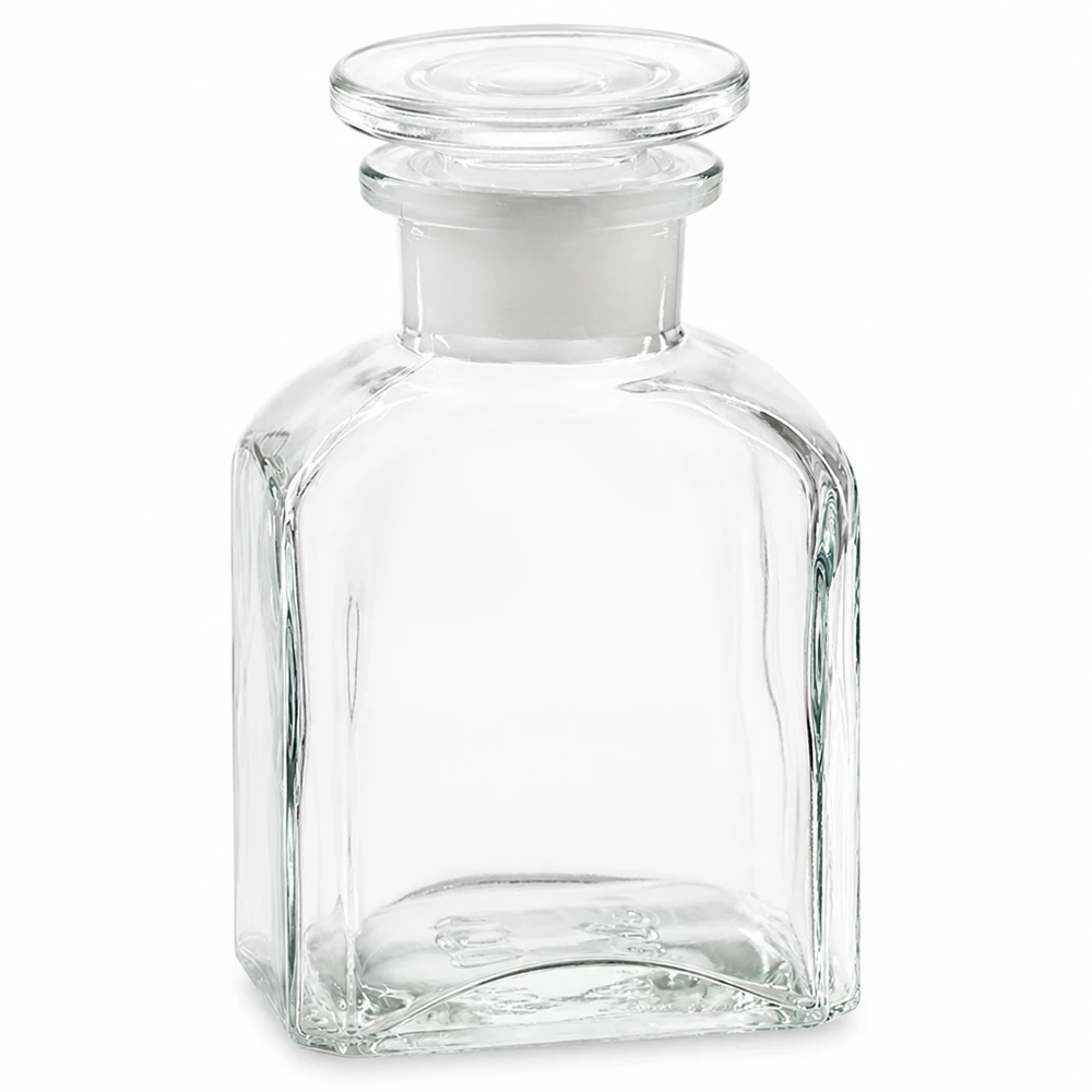 Vierkantflasche 150ml klar Weithals Glasstopfen Vierkantflasche 150ml Klarglas Weithals mit Glasstopfen für professionellen gewerblichen Einsatz