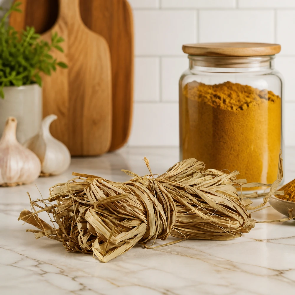 Naturbast zum Dekorieren 30g Naturbast 30g goldbeige auf Marmorarbeitsplatte mit Küchenutensilien zeigt natürliche Dekofasern für Haushalt