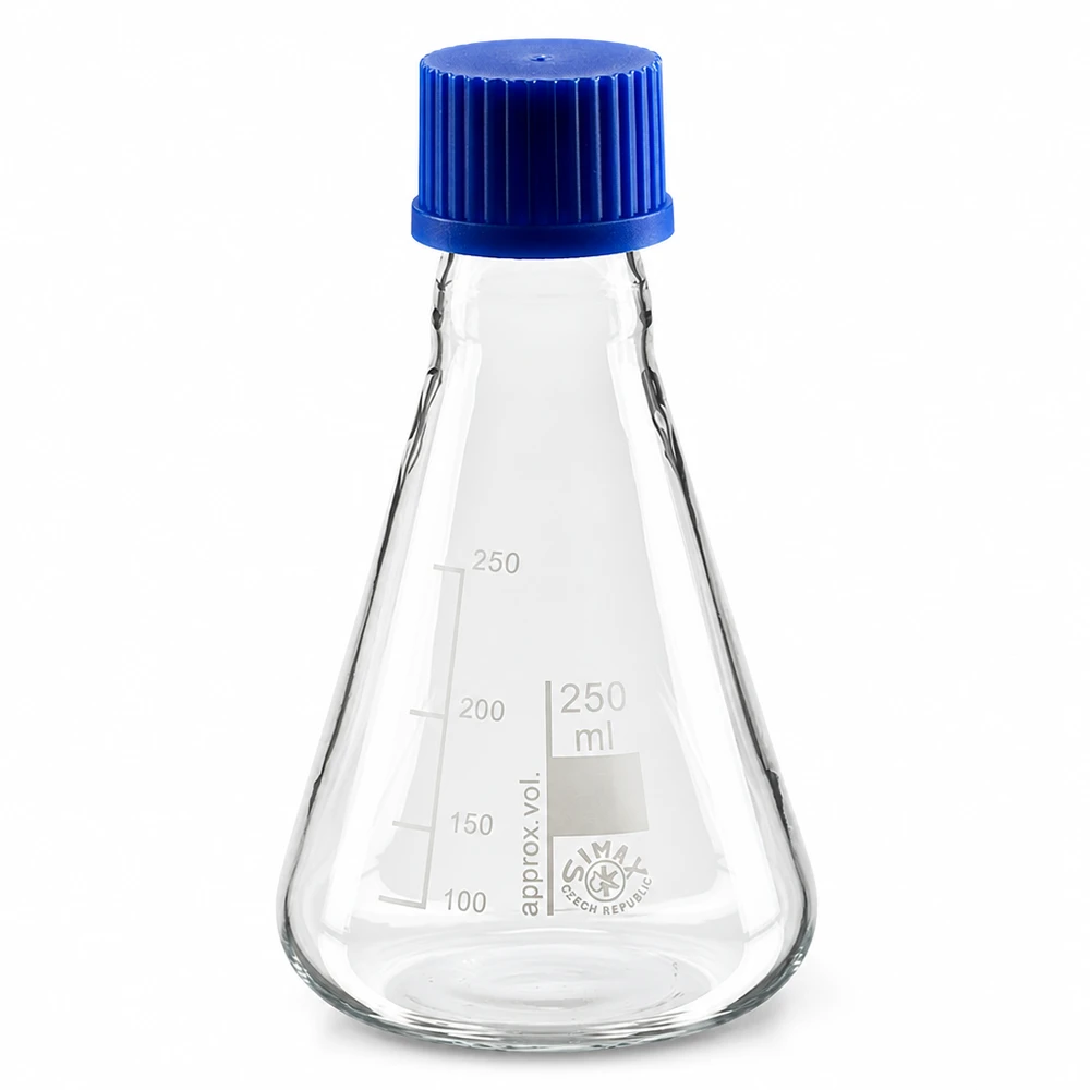 Erlenmeyerkolben 250ml mit Schraubkappe Erlenmeyerkolben 250ml Glas mit blauer Schraubkappe für professionelle Laboranwendungen bei Pacadura.de