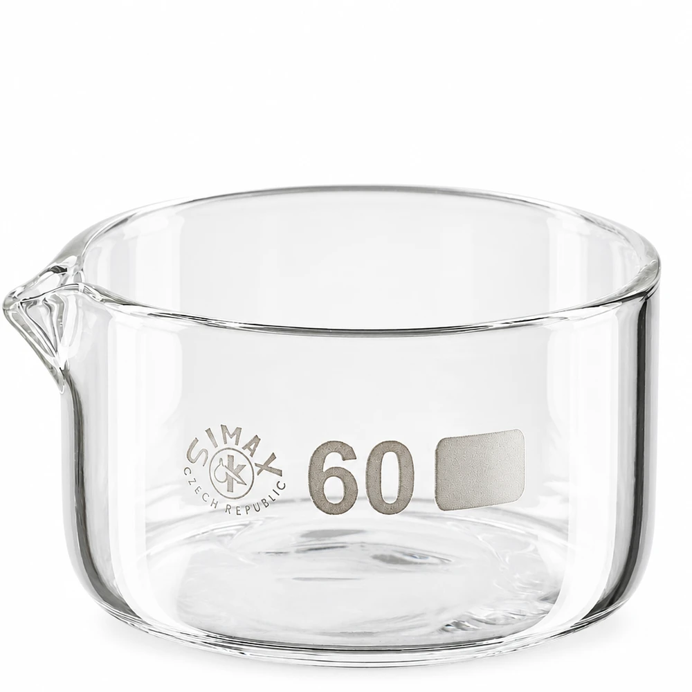 Simax Kristallisierschale 60ml Borosilikatglas mit Ausguss Bodendurchmesser 60mm für Labor