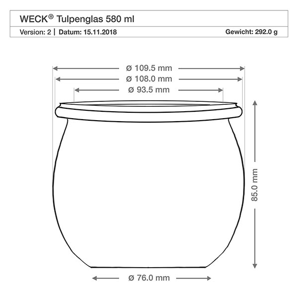 Technische Zeichnung WECK Tulpenglas 580ml RR100 mit Maßangaben und Abmessungen für Holzkugel-Deckel