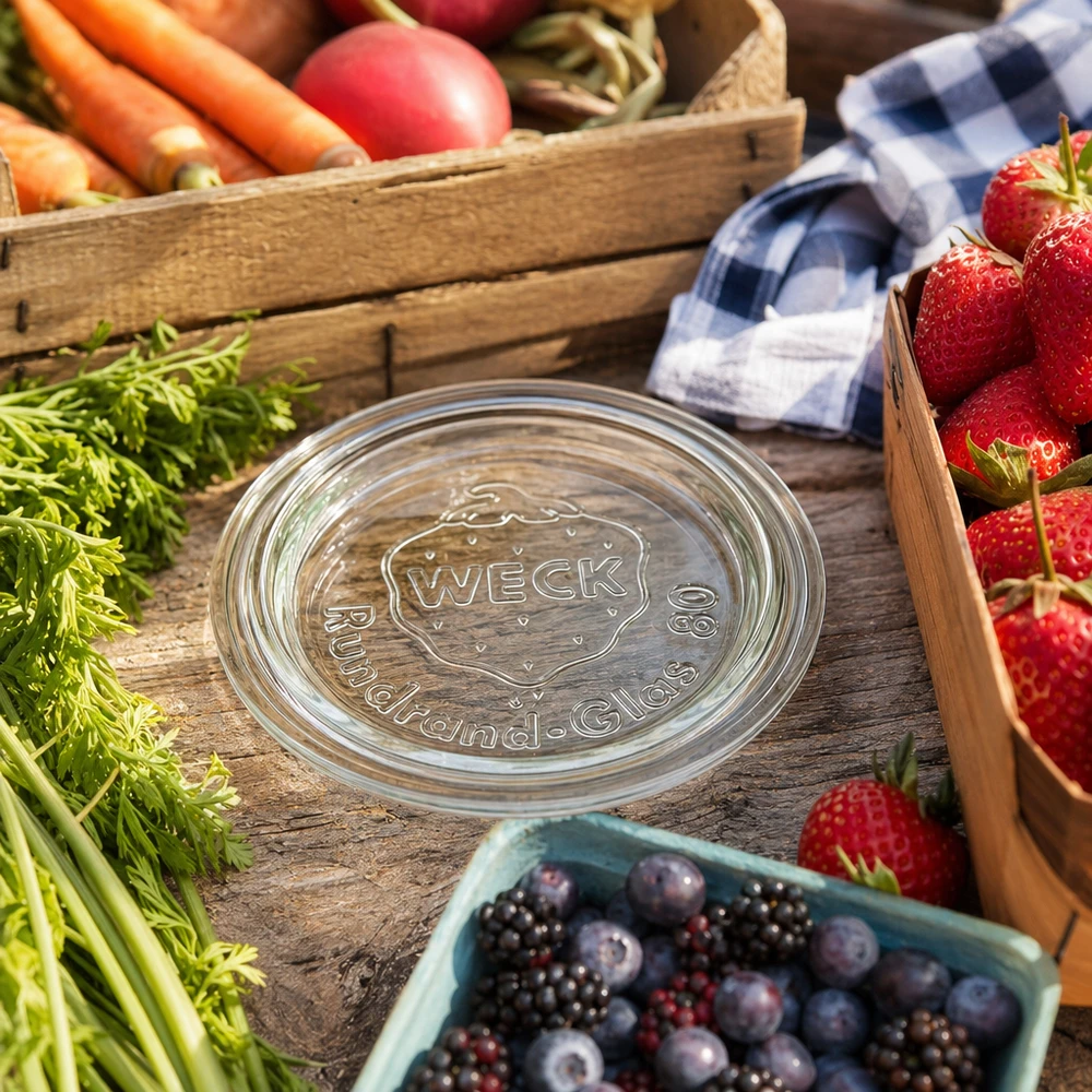 WECK Glasdeckel RR80 mit Logo-Prägung zwischen frischen Erdbeeren Karotten und Beeren auf rustikalem Holz