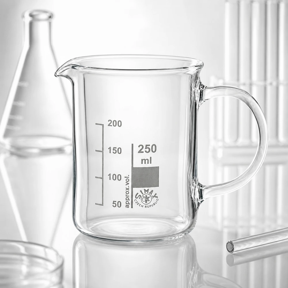 Becherglas 250ml Borosilikatglas, mit Henkel Becherglas 250 ml Borosilikatglas mit Henkel Simax Laborglas für professionellen Einsatz im Gewerbe