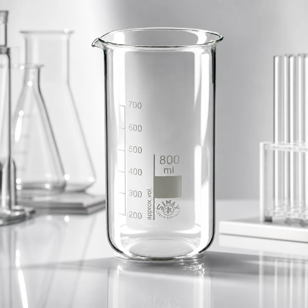 Becherglas 800ml Borosilikatglas, hohe Form Becherglas 800ml hohe Form aus Borosilikatglas mit Skala für professionellen Laboreinsatz