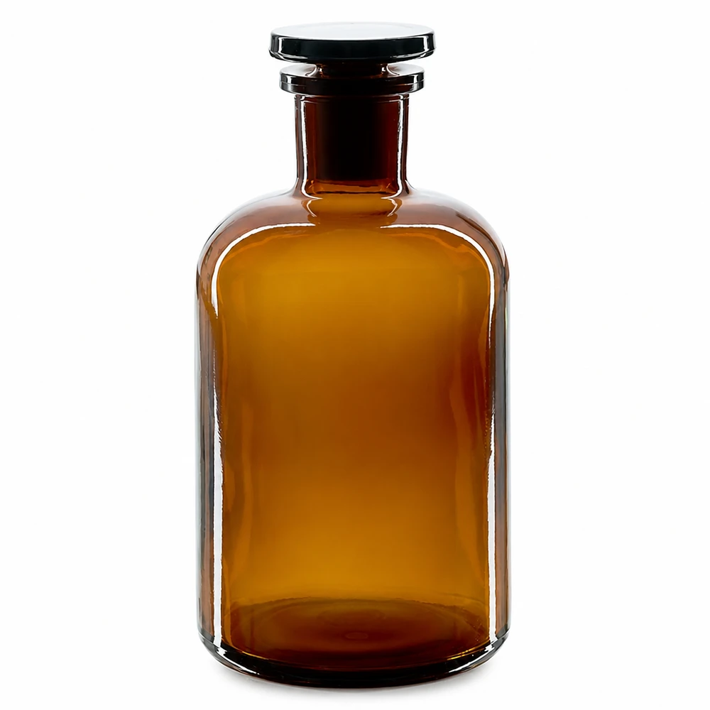 Rundschulterfl. 500ml braun Enghals Glasstopfen Rundschulterflasche 500ml Braunglas Enghals mit Glasstopfen für professionellen Laboreinsatz