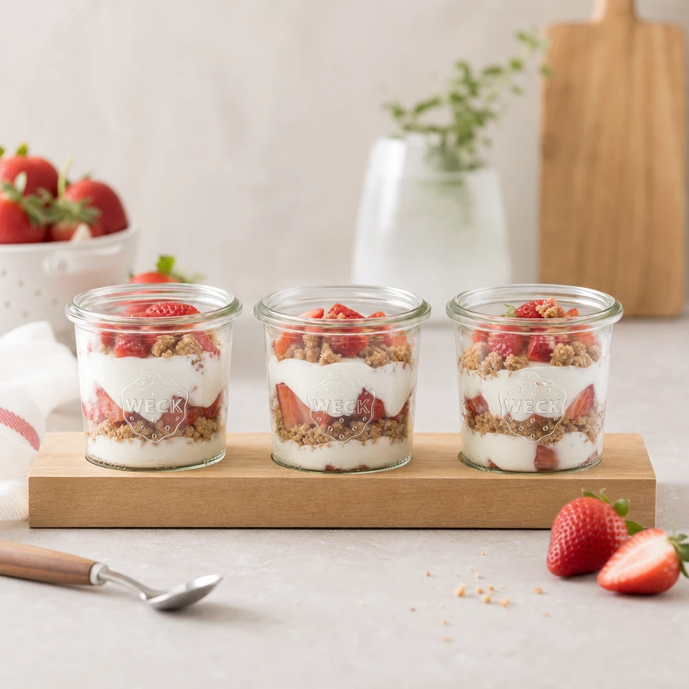 WECK Gläser 140ml mit Joghurt-Erdbeer-Schichtdessert auf Holz-Servierbrett Plano3 frühstücksfertig angerichtet