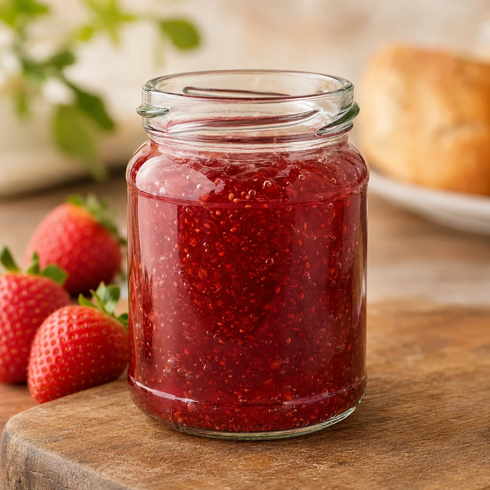 205ml Rundglas ohne Deckel (TO58) UNiTWIST UNiTWIST Runda205 Rundglas 205ml TO58 mit roter Erdbeermarmelade gefüllt neben frischen Erdbeeren auf Holzbrett