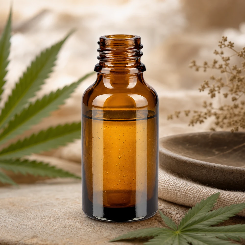 Tropfflasche 30 ml DIN 18 Braunglas NIEDRIGE FORM 30ml braune Apothekerflasche ApoGlas mit goldener Flüssigkeit neben Cannabis-Blättern und getrockneten Kräutern