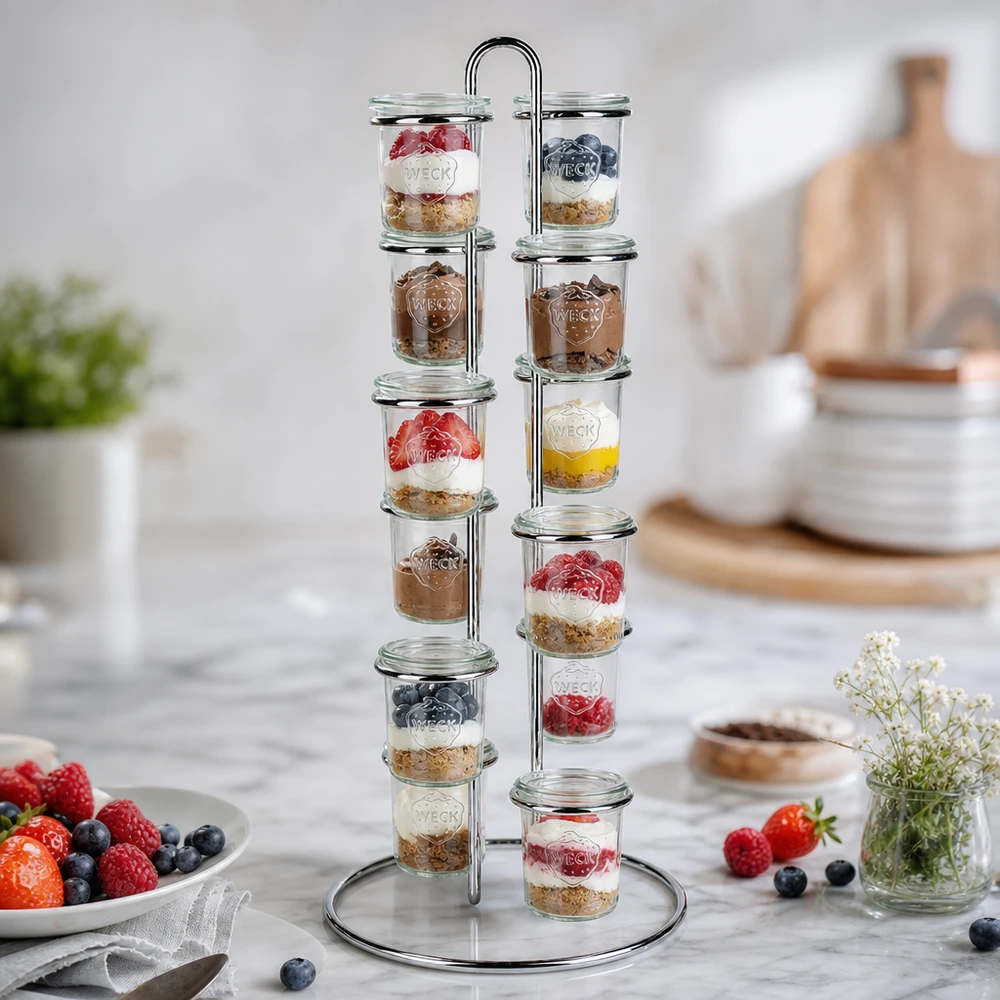 Serviergestell Vertico12 für 12 WECK Sturzgläser Dessert-Präsentation mit WECK Vertico12 Serviergestell zeigt 12 Gläser mit Joghurt Beeren und Granola auf Küchentheke