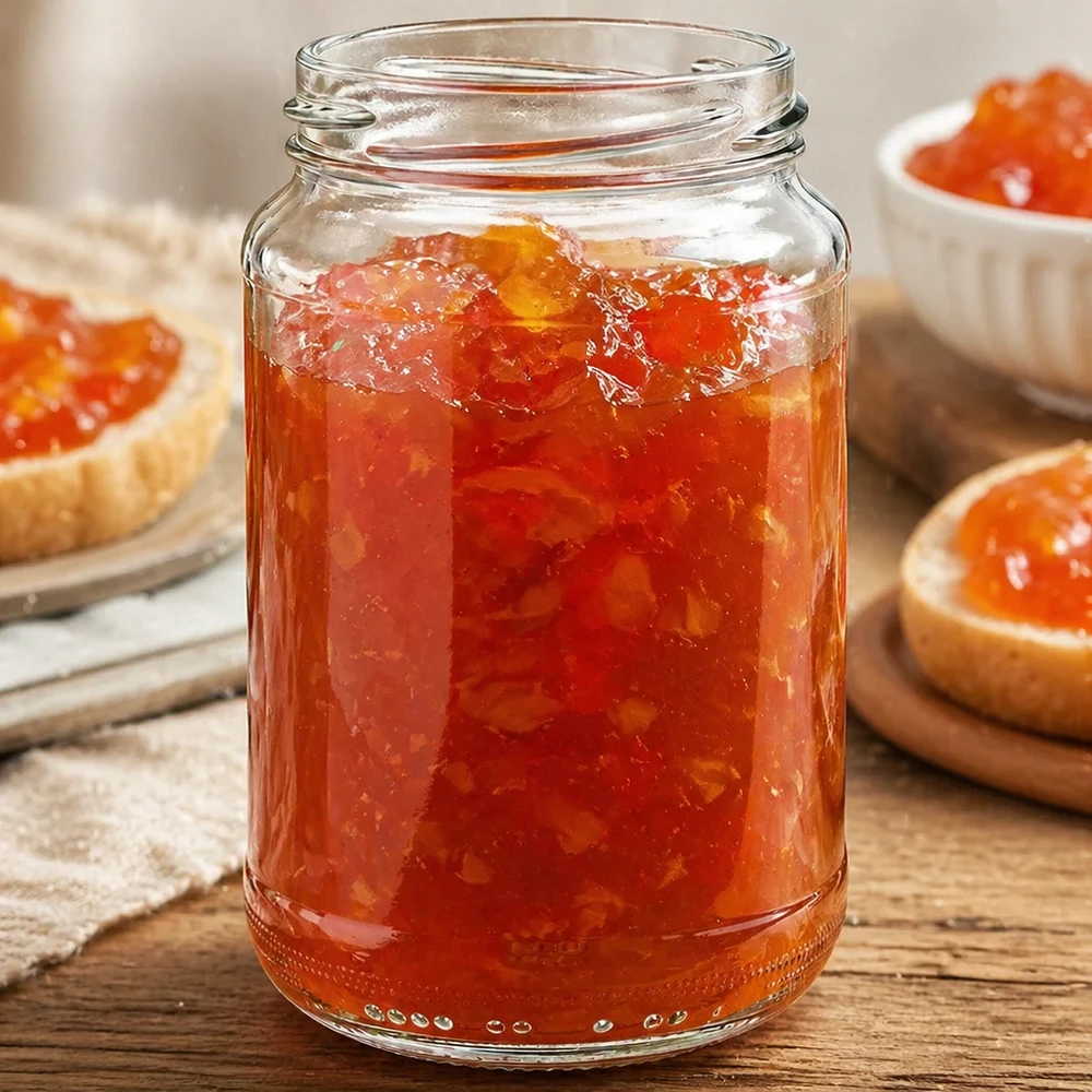 375ml Rundglas ohne Deckel (TO63) UNiTWIST UNiTWIST Runda375 Rundglas 375ml TO63 gefüllt mit Marmelade zeigt praktische Anwendung für gewerbliche Konfitüren-Abfüll