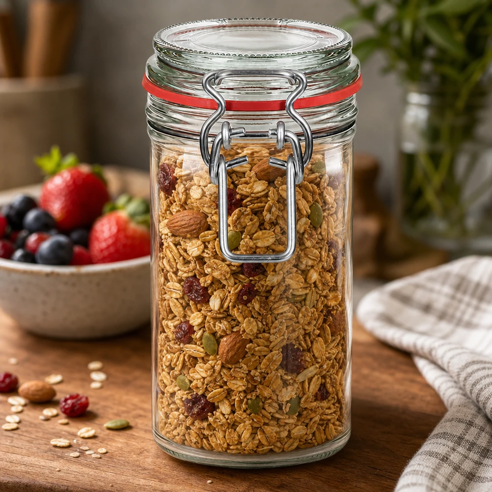 272ml Vorratsglas mit Bügelverschluss gefüllt mit Müsli - professionelle Glasverpackung für Lebensmittel im Fachhandel