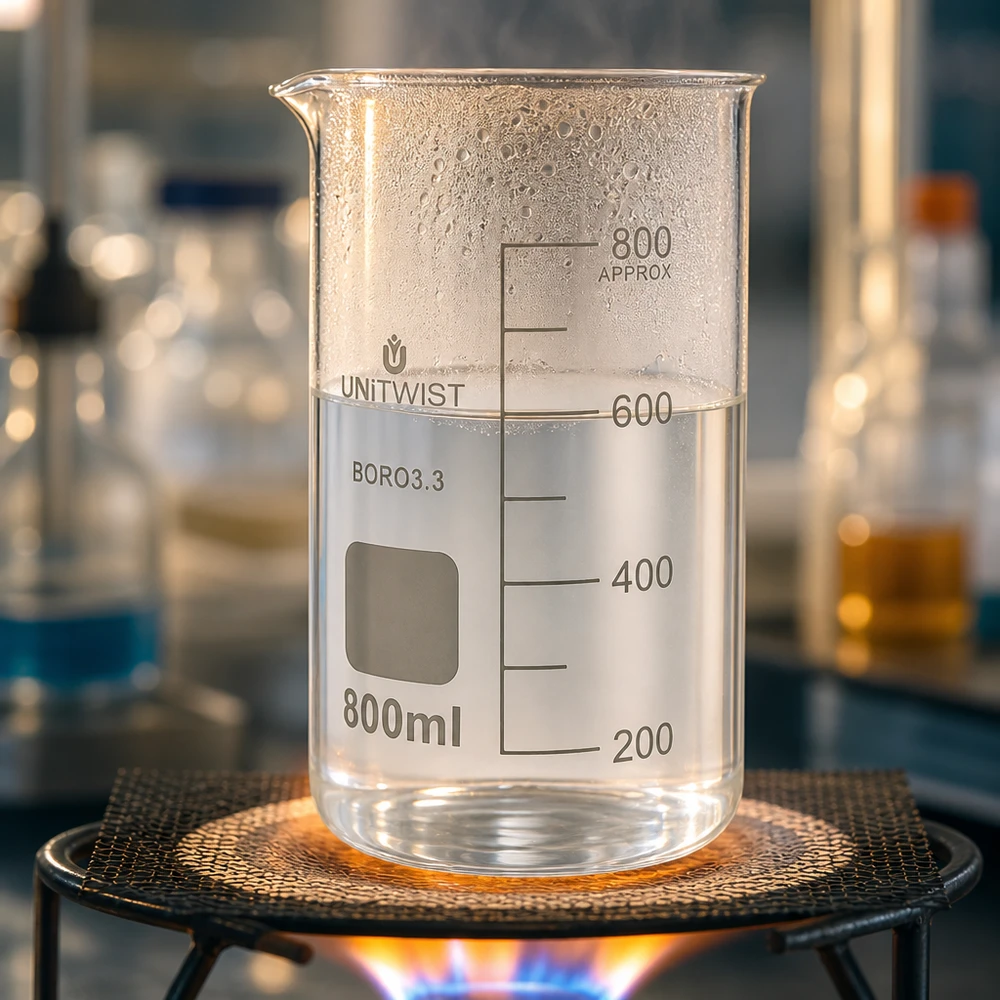 Becherglas 800ml Borosilikat, hohe Form UNiTWIST Becherglas 800ml Borosilikat hohe Form UNITWIST auf Bunsenbrenner im Labor
