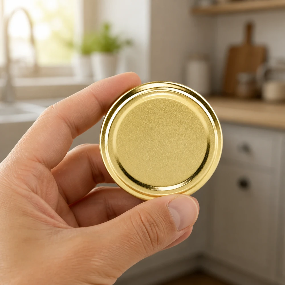 100mm BasicSeal Deckel gold (TO100) UNiTWIST Hand hält goldenen BasicSeal Twist-Off-Deckel TO100 100mm aus Weißblech für gewerbliche Abfüllung