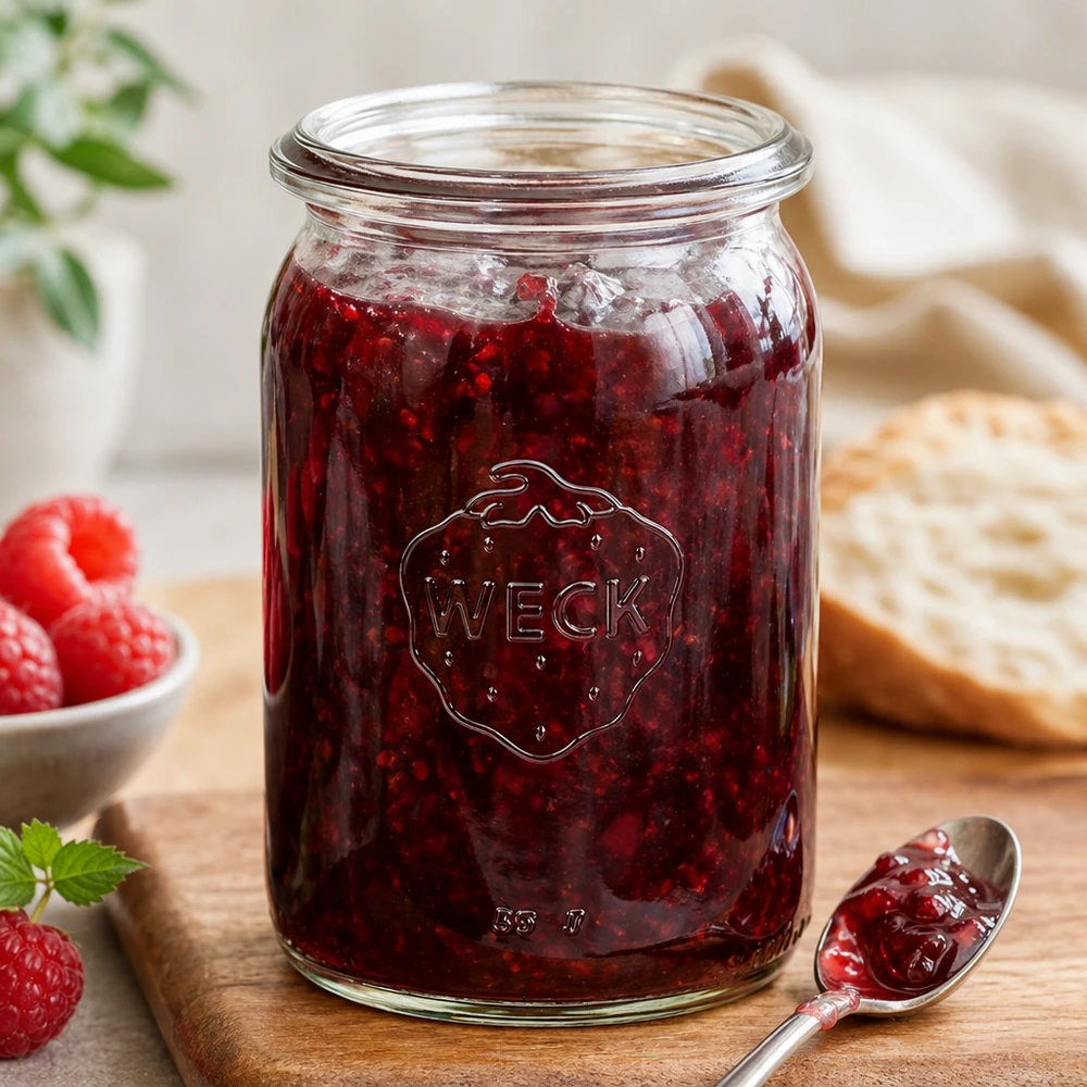 145ml Zylinderglas WECK RR40 WECK RR40 Einmachglas 145ml mit roter Marmelade befüllt und Löffel auf Holzbrett neben Erdbeeren und Brot