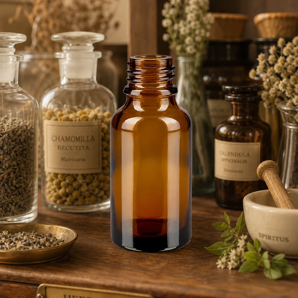Tropfflasche 30 ml DIN 18 Braunglas NIEDRIGE FORM 30ml braune Apothekerflasche ApoGlas mit dunkler Tinktur in traditioneller Heilkräuter-Apotheke neben Mörser