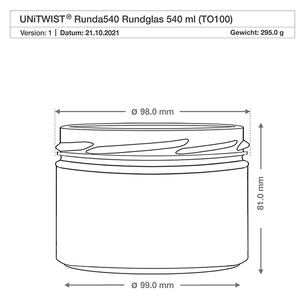 UNiTWIST Runda540 Sturzglas 540ml TO100 technische Zeichnung Maße Durchmesser 98mm Höhe 81mm Produktspezifikation